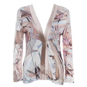 Escada Feather Brown Abstract Print Knit Open  Cardigan - M